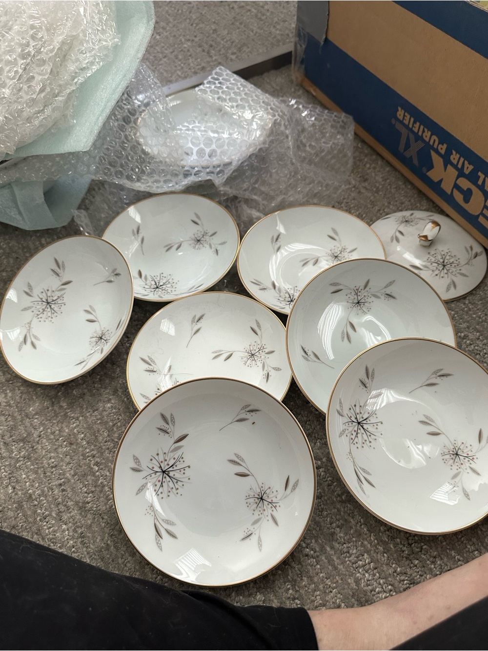 Noritake White Porcelain Bowls with Gold Trim and Gray Floral Motif